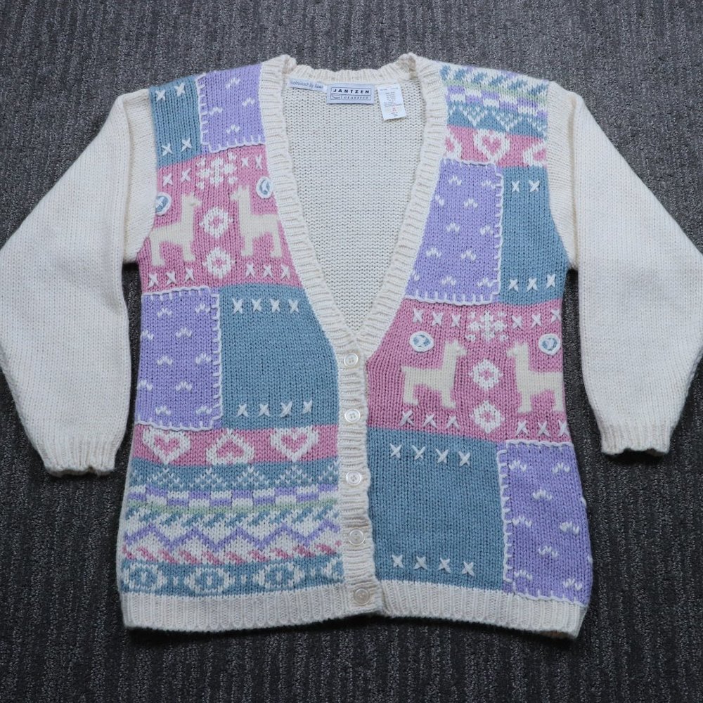Vintage Rare Jantzen Womens Cardigan Medium Llamas Hearts Pastelcore Kawaiicore